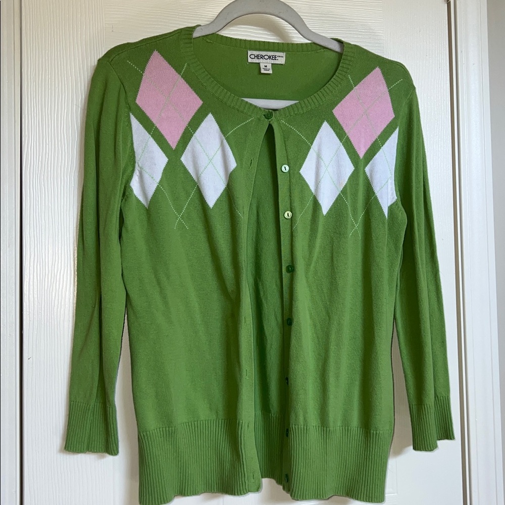Cherokee Green Cardigan with Pink and White Argyle